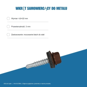 Wkręt samowiercący do metalu 4,8x22 mm, przewiercalność 3 mm, EPDM, 250 szt. – kolor do wyboru